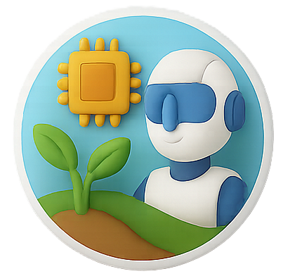 Uma imagem de um robo, um chip e uma planta, no campo